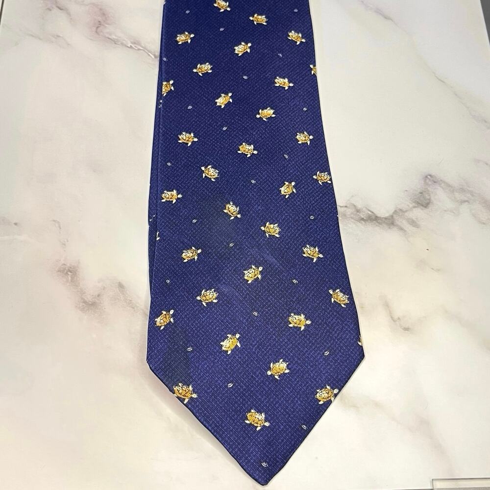 Dunhill Silk Tie – Navy Blue with Yellow Turtle Pattern - Picture 3 of 5